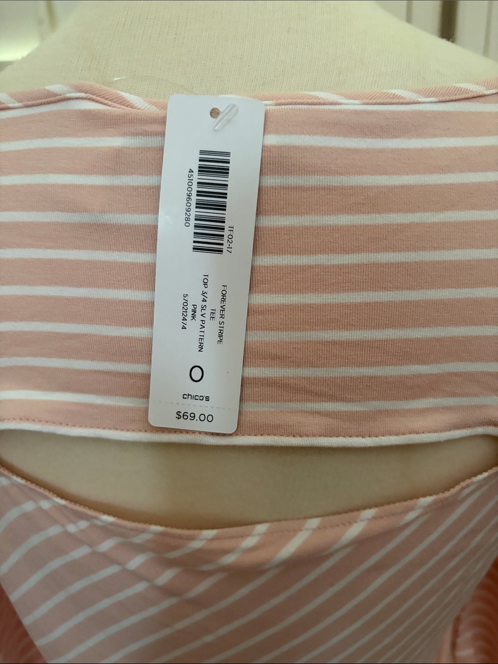 Chico’s Pink and White Striped Long Sleeve Scoop Neck top NWT size 0 / S - Picture 5 of 8